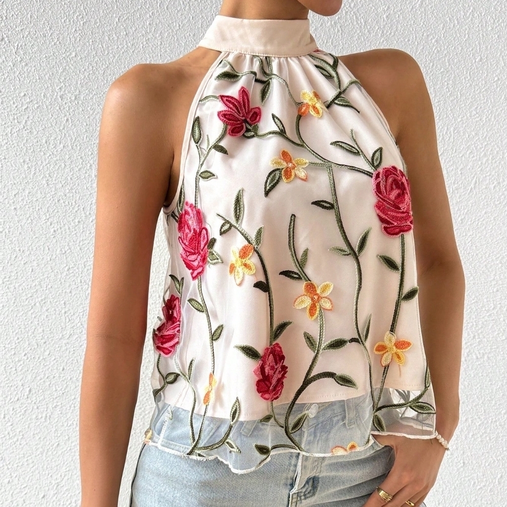 Floral Embroidered Mesh Halter Neck Blouse - Picture 2 of 4